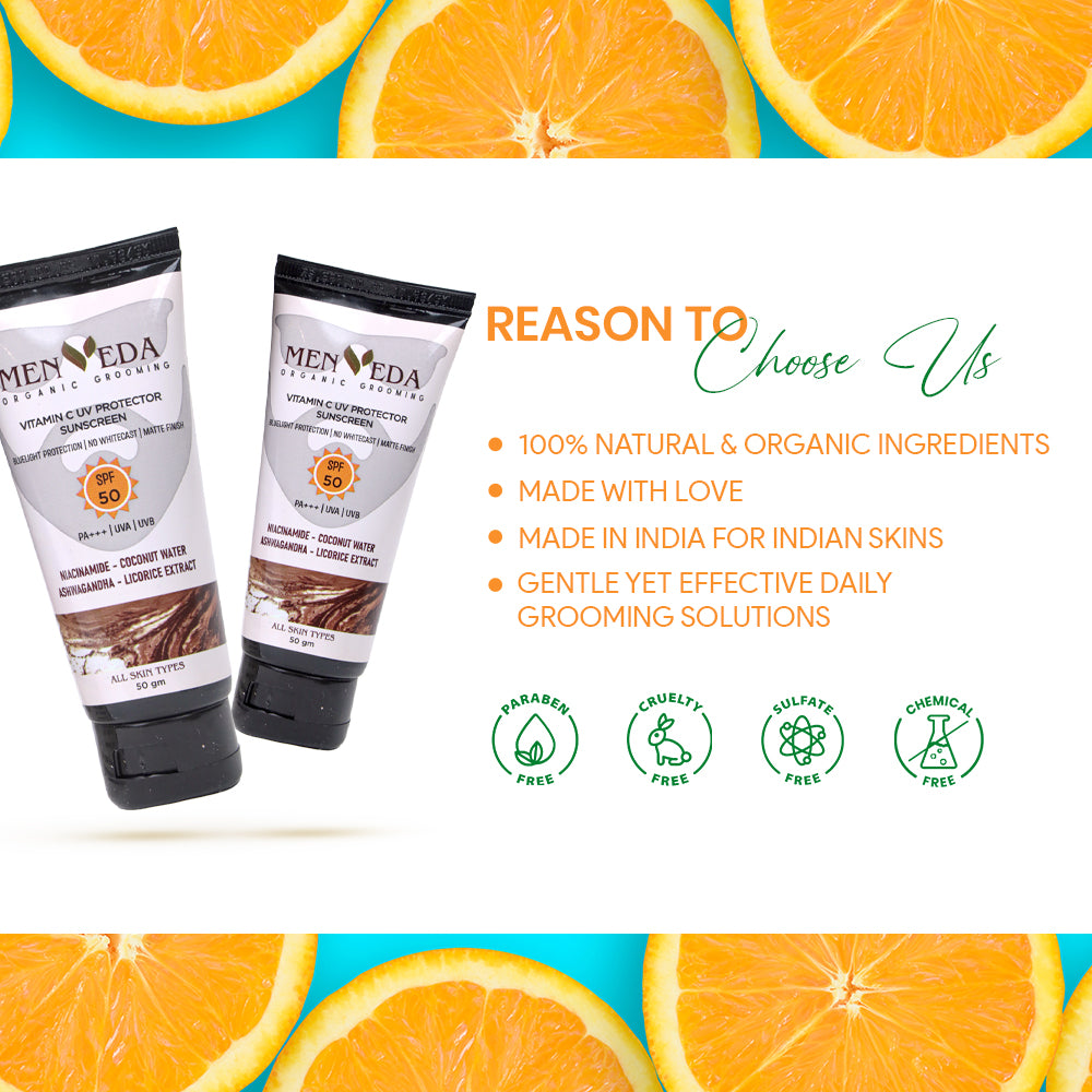 UV Protector Sunscreen SPF 50 PA+++ |Oxybenzone - free|Vitamin C , Niacinamide , Coconut Water, Ashwagandha & Licorice – 50 g