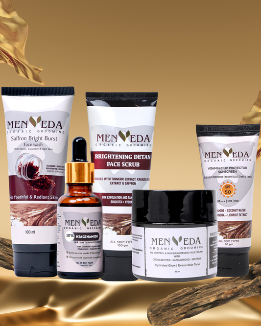 Menveda complete skincare kit for men including facewash scrub serum and sunscreen for daily grooming routine