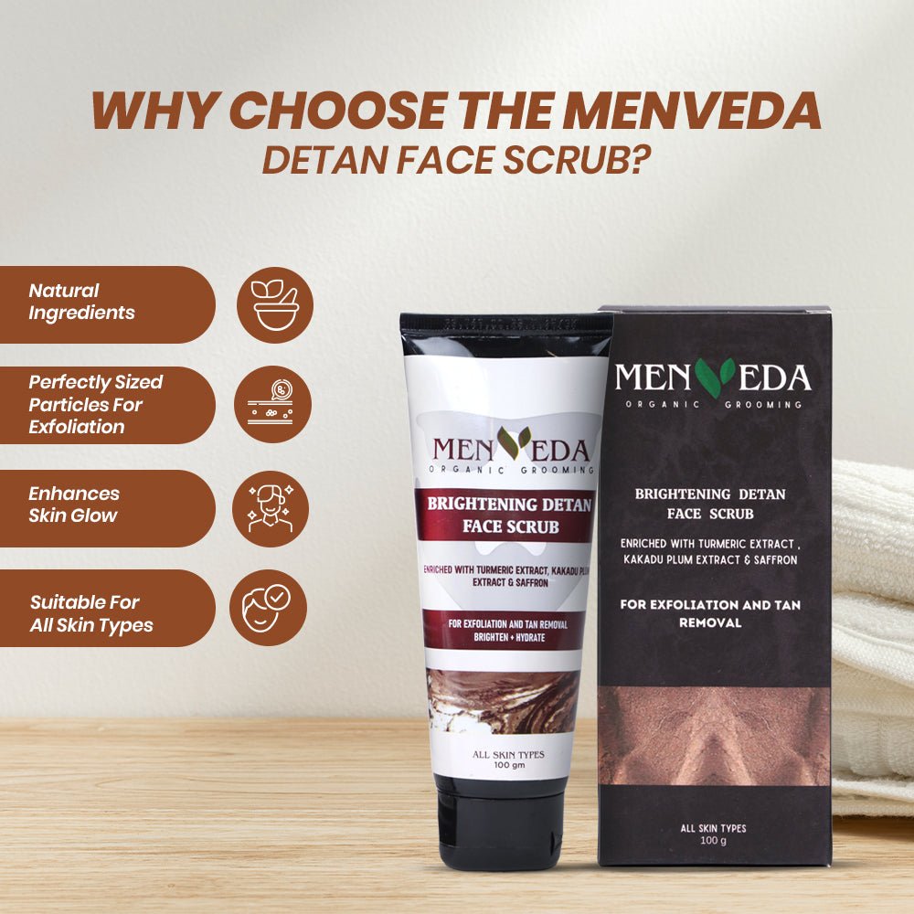 Menveda de-tan face scrub benefits for men including exfoliation tan removal and smoother brighter skin