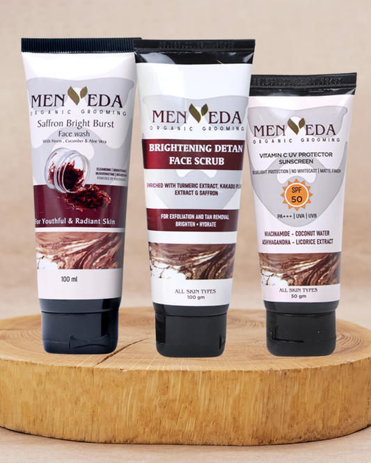 Menveda de-tan ritual for men including facewash scrub and sunscreen for cleansing exfoliation and UV protection