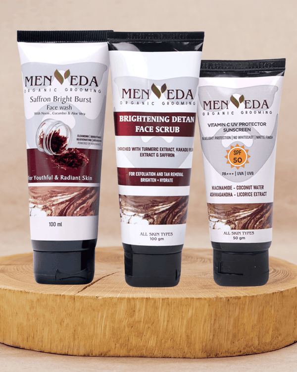 Menveda de-tan ritual for men including facewash scrub and sunscreen for cleansing exfoliation and UV protection