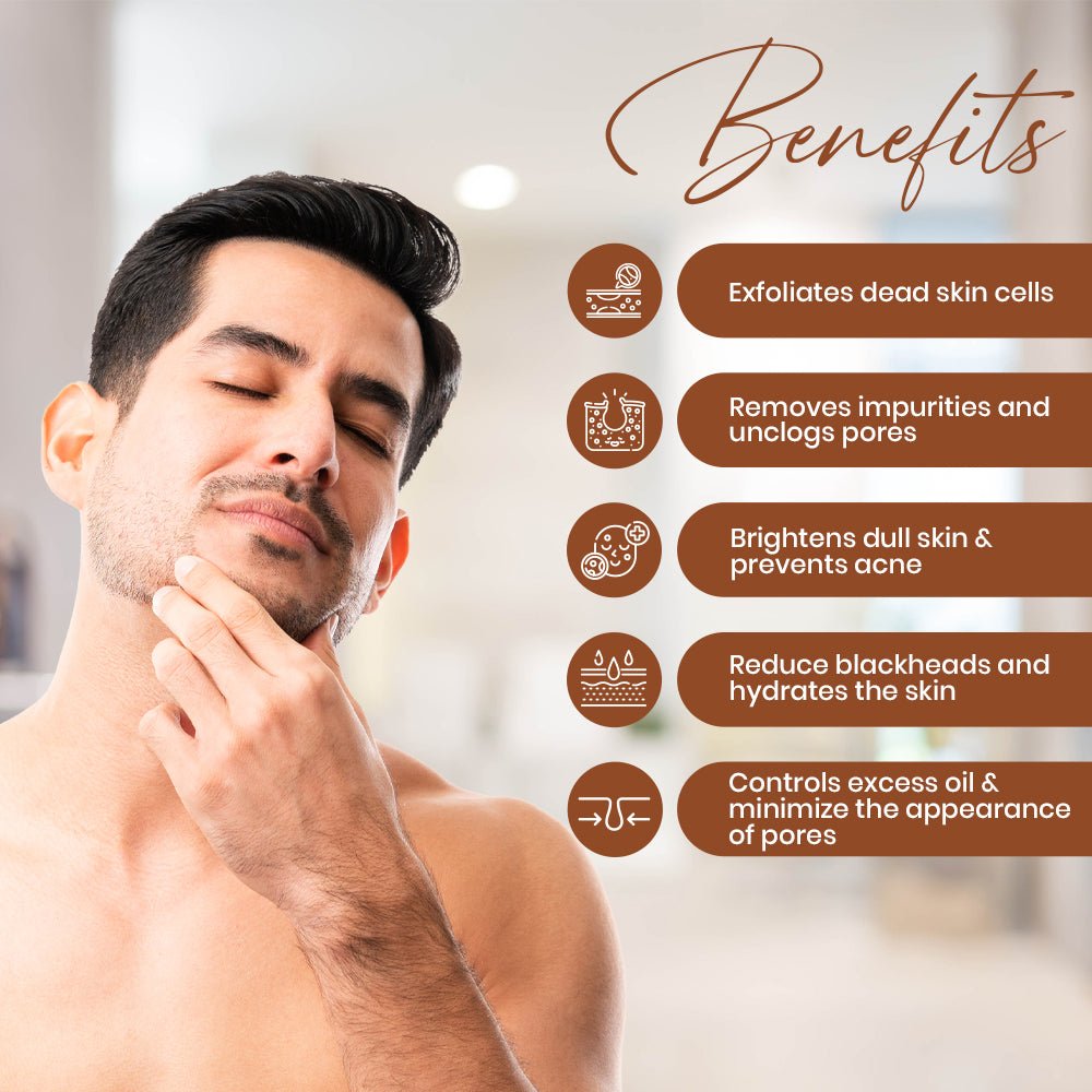 Menveda de-tan scrub benefits for men including tan removal, exfoliation and brighter skin