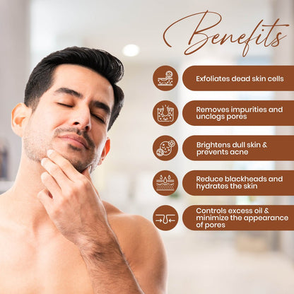 Menveda de-tan scrub benefits for men including tan removal, exfoliation and brighter skin