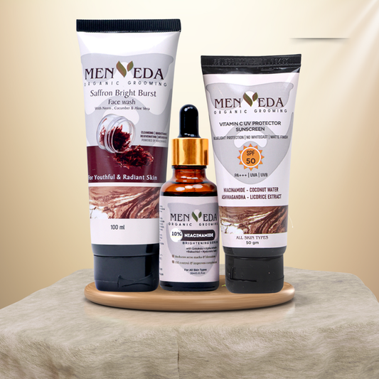Menveda everyday 2 minute skincare routine for men including facewash serum and sunscreen protection