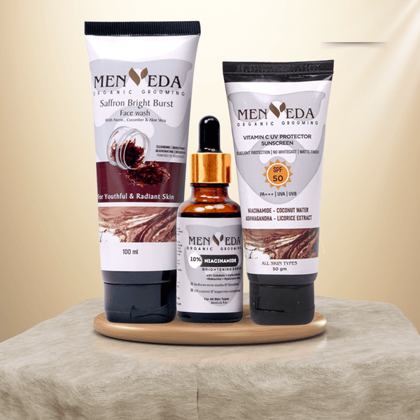 Menveda everyday 2 minute skincare routine for men including facewash serum and sunscreen protection