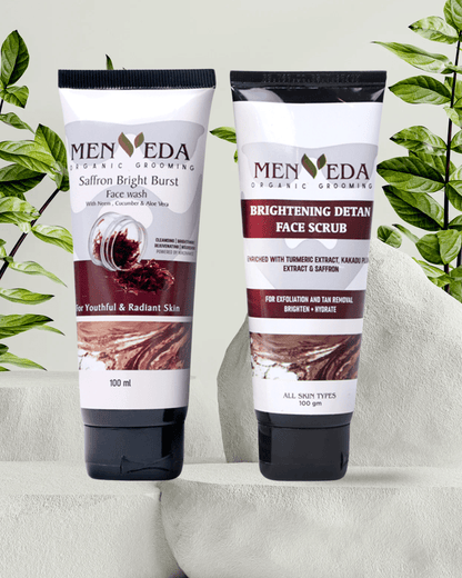 Menveda facewash and de-tan scrub duo for men skincare cleansing and exfoliation for clear skin