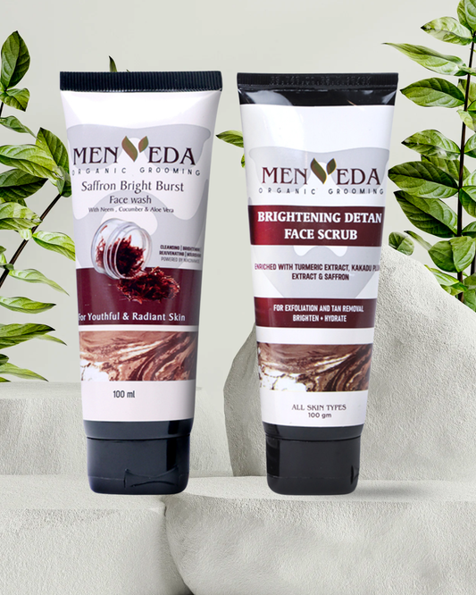 Menveda facewash and de-tan scrub duo for men skincare cleansing and exfoliation for clear skin