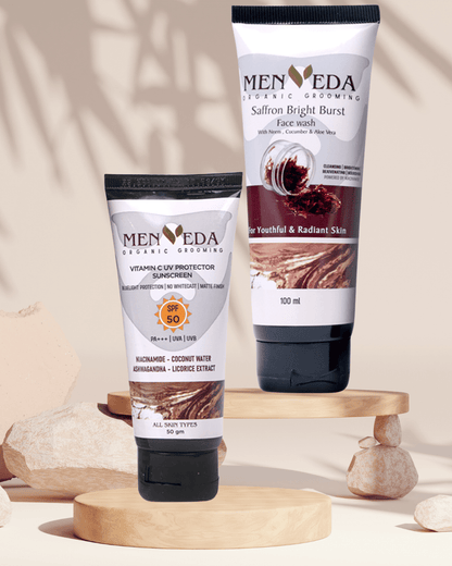 Menveda facewash and sunscreen duo for men skincare routine deep cleansing and UV protection