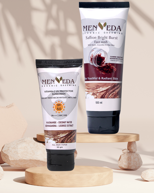Menveda facewash and sunscreen duo for men skincare routine deep cleansing and UV protection