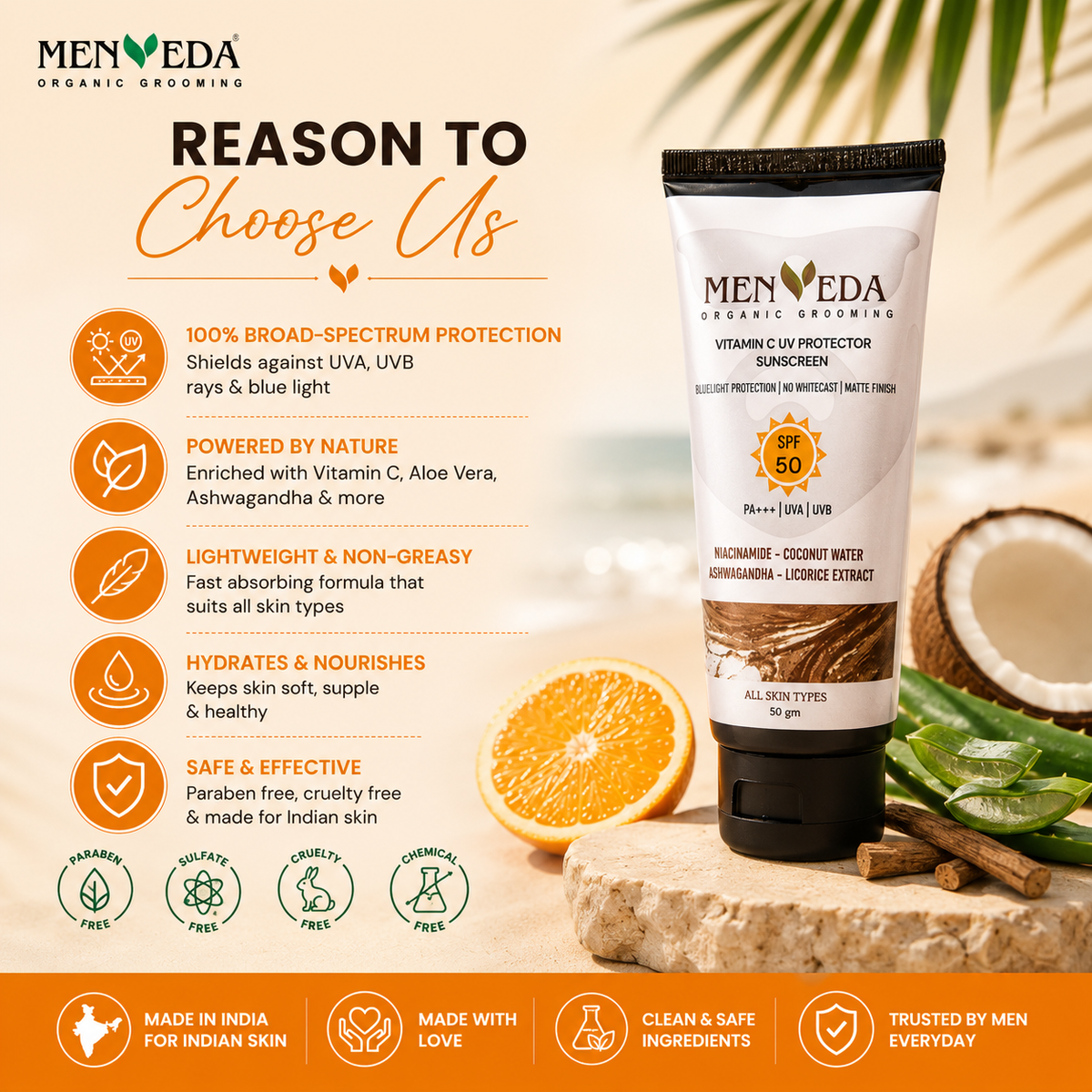 Vitamin C UV Protector Sunscreen SPF 50 PA+++ | Niacinamide, Coconut Water & Licorice